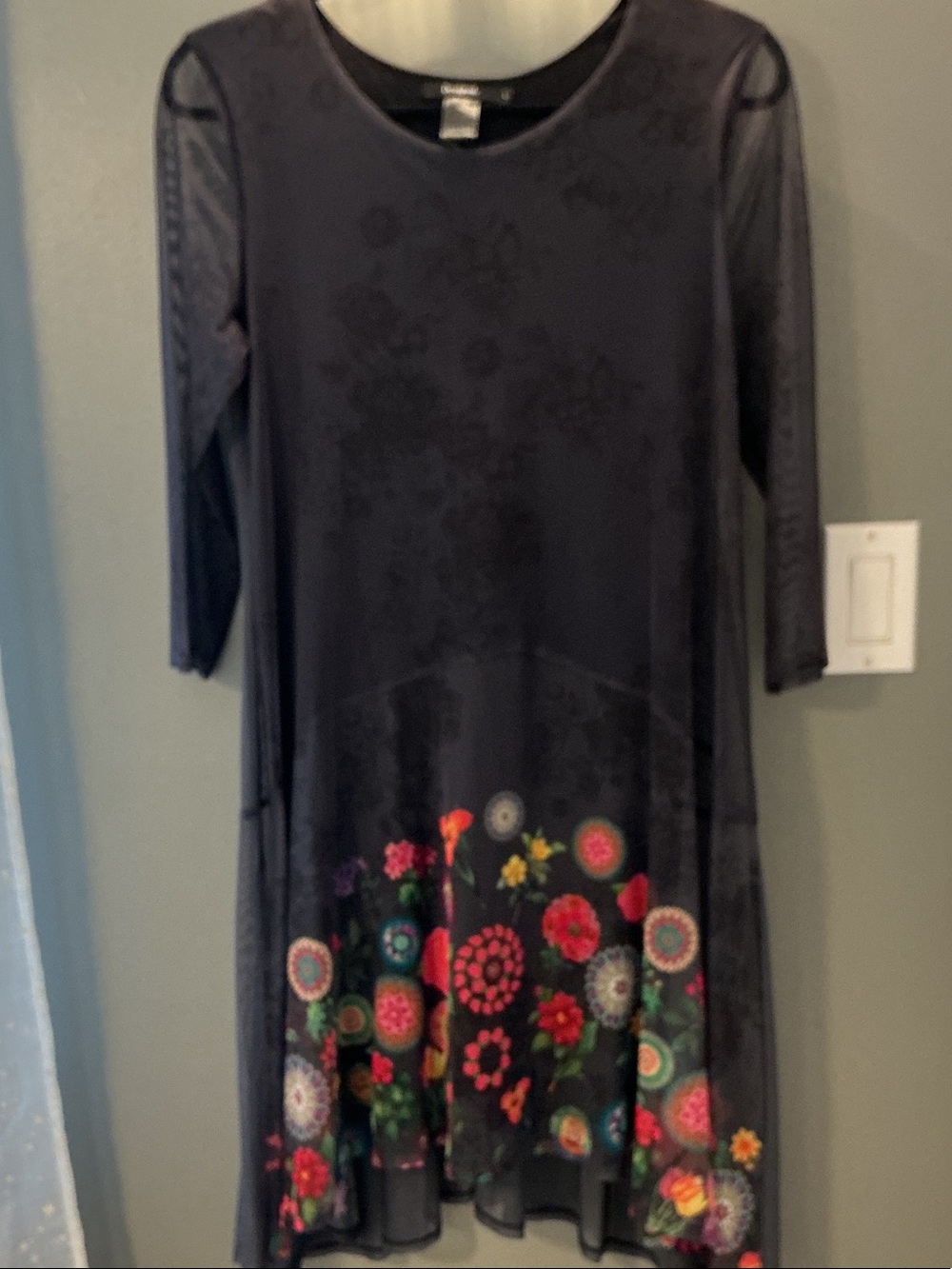 Desigual Black/Navy Blue  Mesh Overlay Dress, L